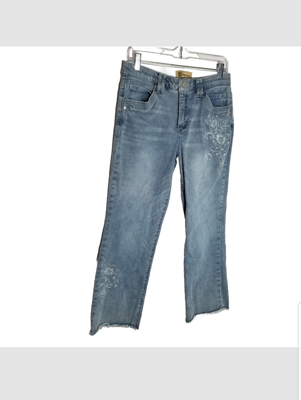 Democracy Jeans Womens 6 Ab Solution Straight Leg Raw Hem Blue Denim Embroidered